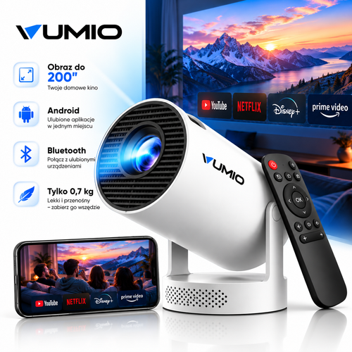 VUMIO - Projektor Kino Domowe ANDROID, NETFLIX, YOUTUBE, HBO, AMAZON